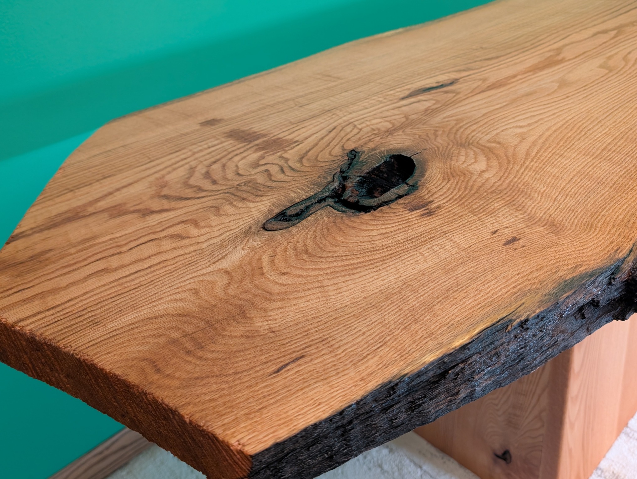 Close view of the slab’s grain, knot and bark edge
